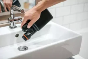 Person pouring chemical drain cleaner